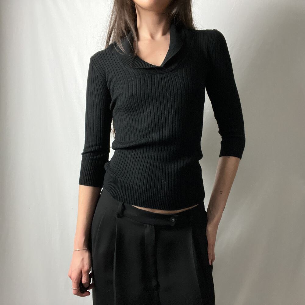 y2k vintage black minimalist ribbed knit v neck 3/4 sleeve fitted sweater top